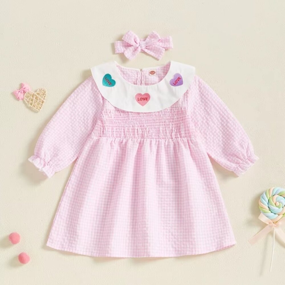 Valentine's Day Conversation Hearts Smocked Gingham Short Sleeve Dress